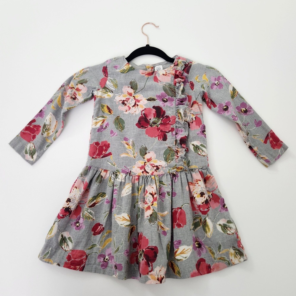 Baby Gap Toddler Girls Grey Floral Long Sleeveβ Ruffle Drop Waist Dress Size 5Y